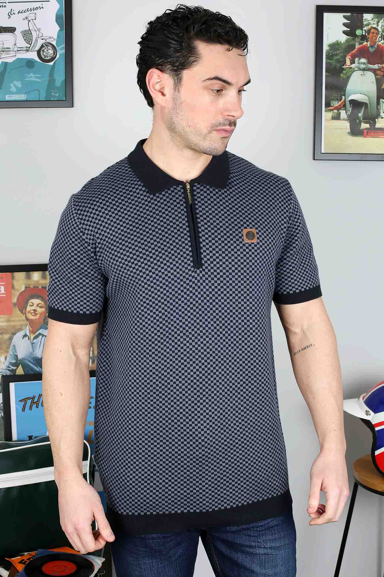 Quarter Zip Knitted Check Polo